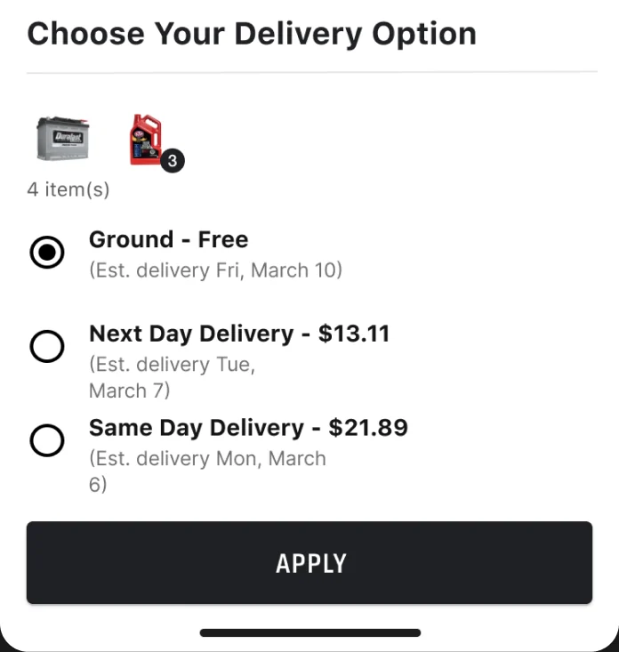 Delivery option sheet: ground, next day, or same day