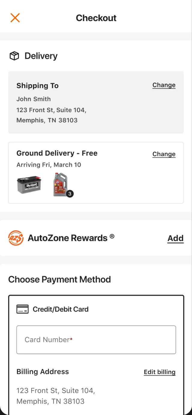 The one-screen checkout with delivery at the top and the card form below