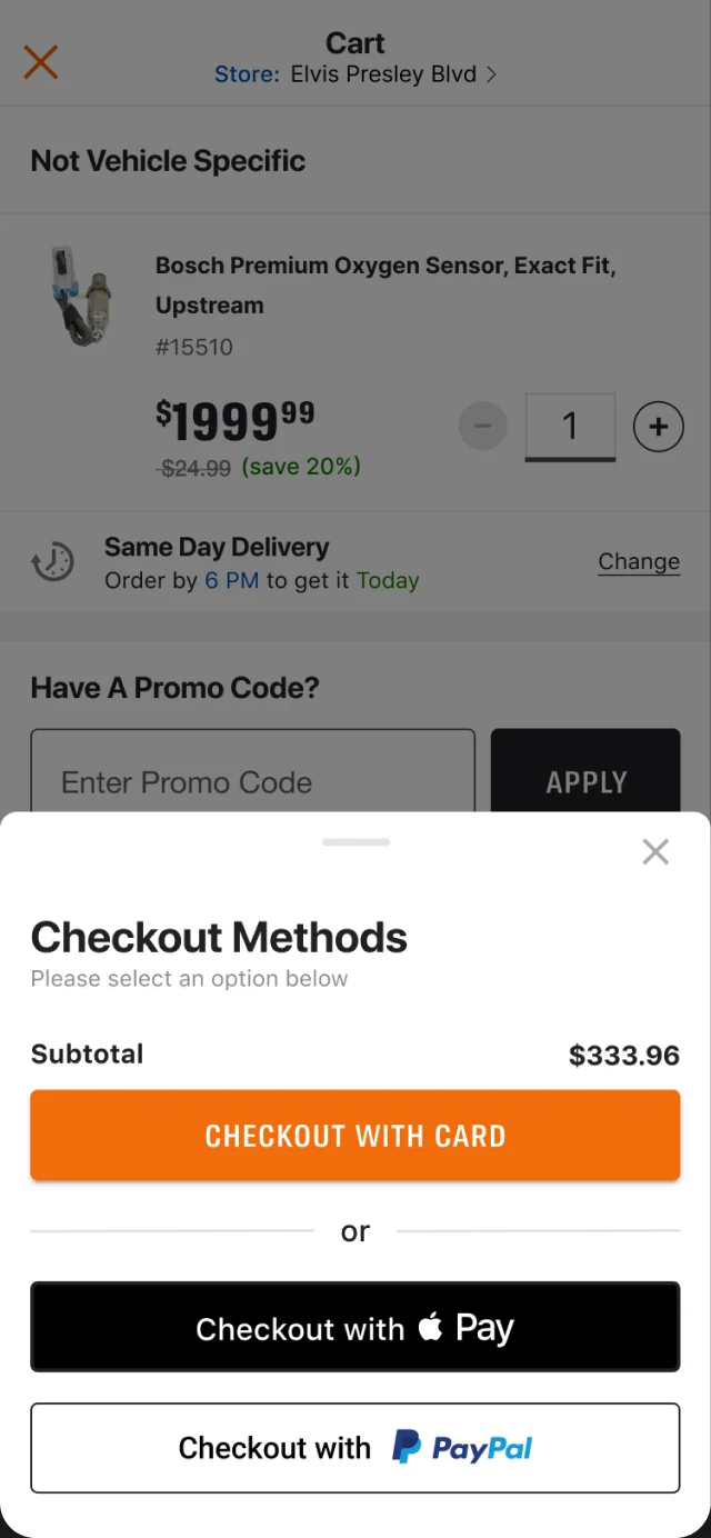 The cart with the Checkout Methods sheet: checkout with card, Apple Pay, or PayPal