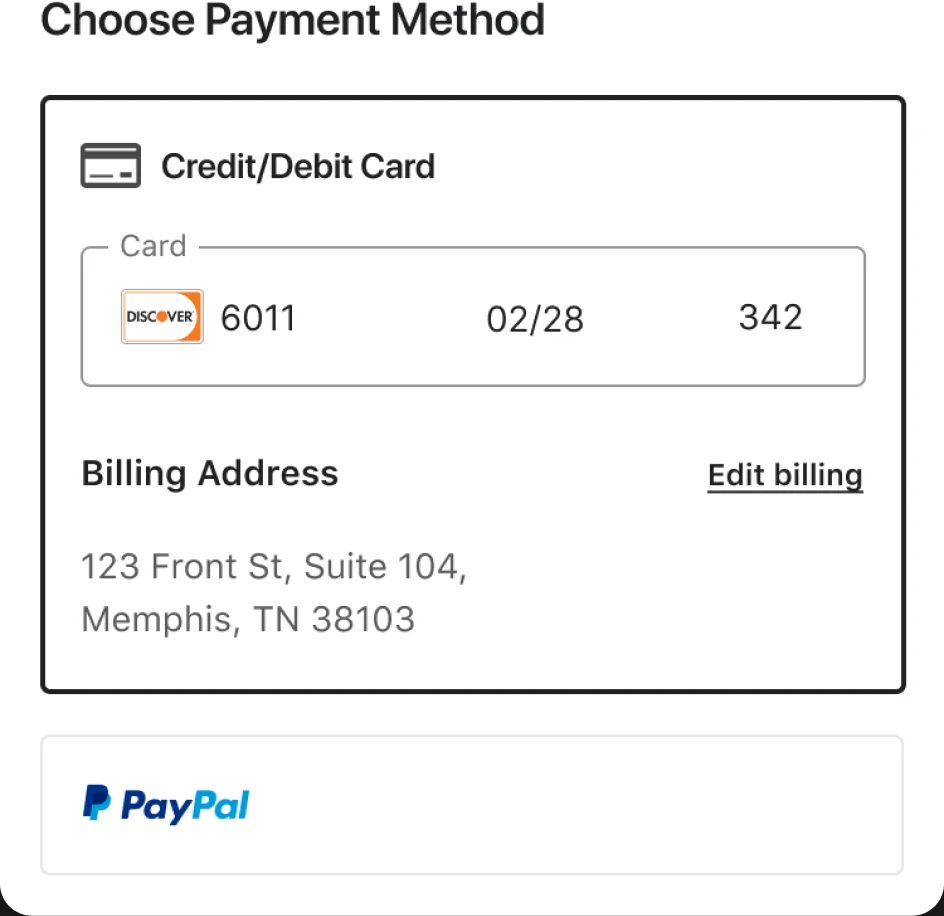 New card entry with card number, expiry, and CVV in one field