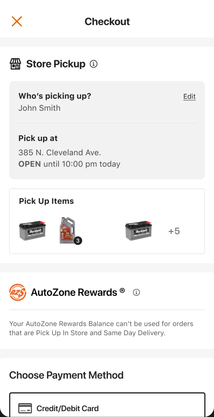 Checkout for store pickup showing who's picking up, the store, and its hours