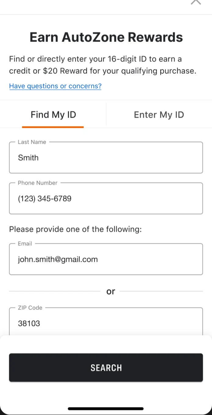 Earn AutoZone Rewards sheet to find or enter a rewards ID
