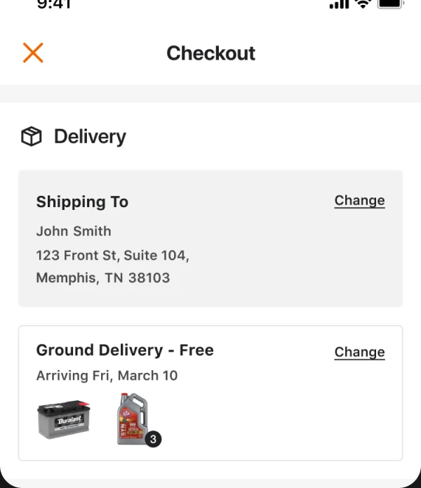 Delivery section: shipping address and ground delivery with item thumbnails