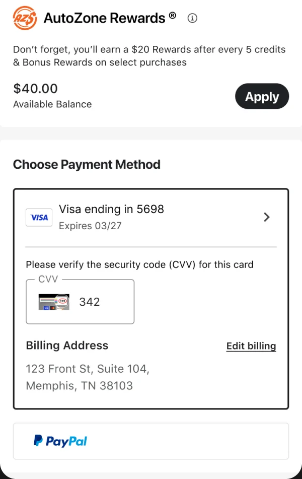 AutoZone Rewards balance with an Apply button, and a saved Visa asking only for the security code