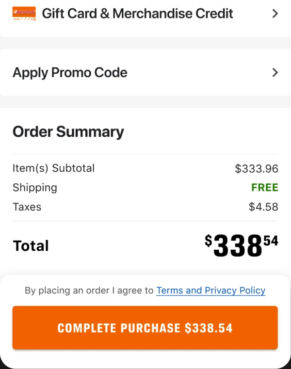 Order summary with the total and a Complete Purchase button