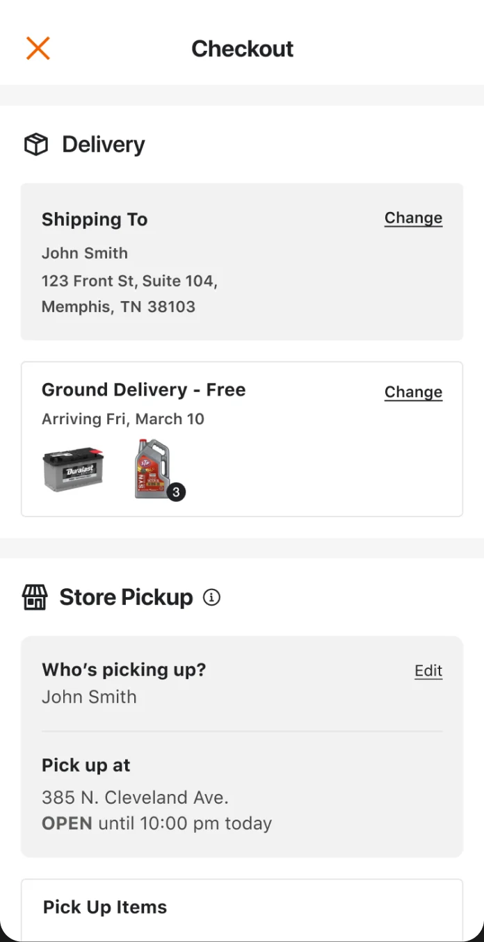 Checkout with some items delivered and others picked up in store