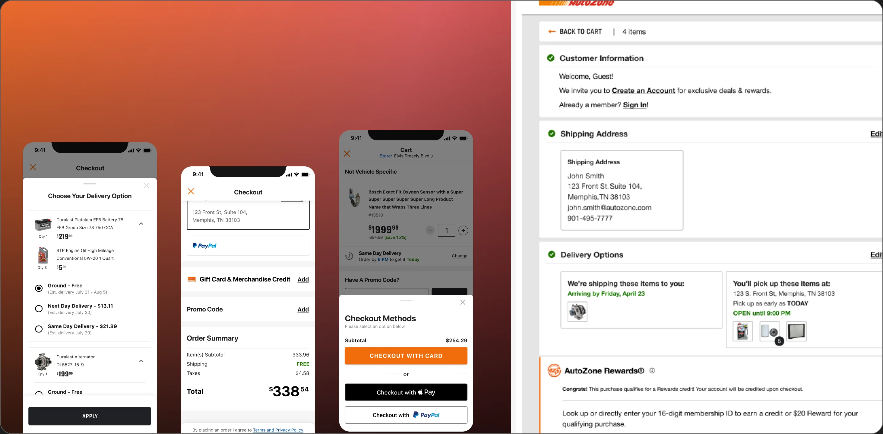 AutoZone app checkout screens: delivery options, the one-screen checkout, and the checkout methods sheet