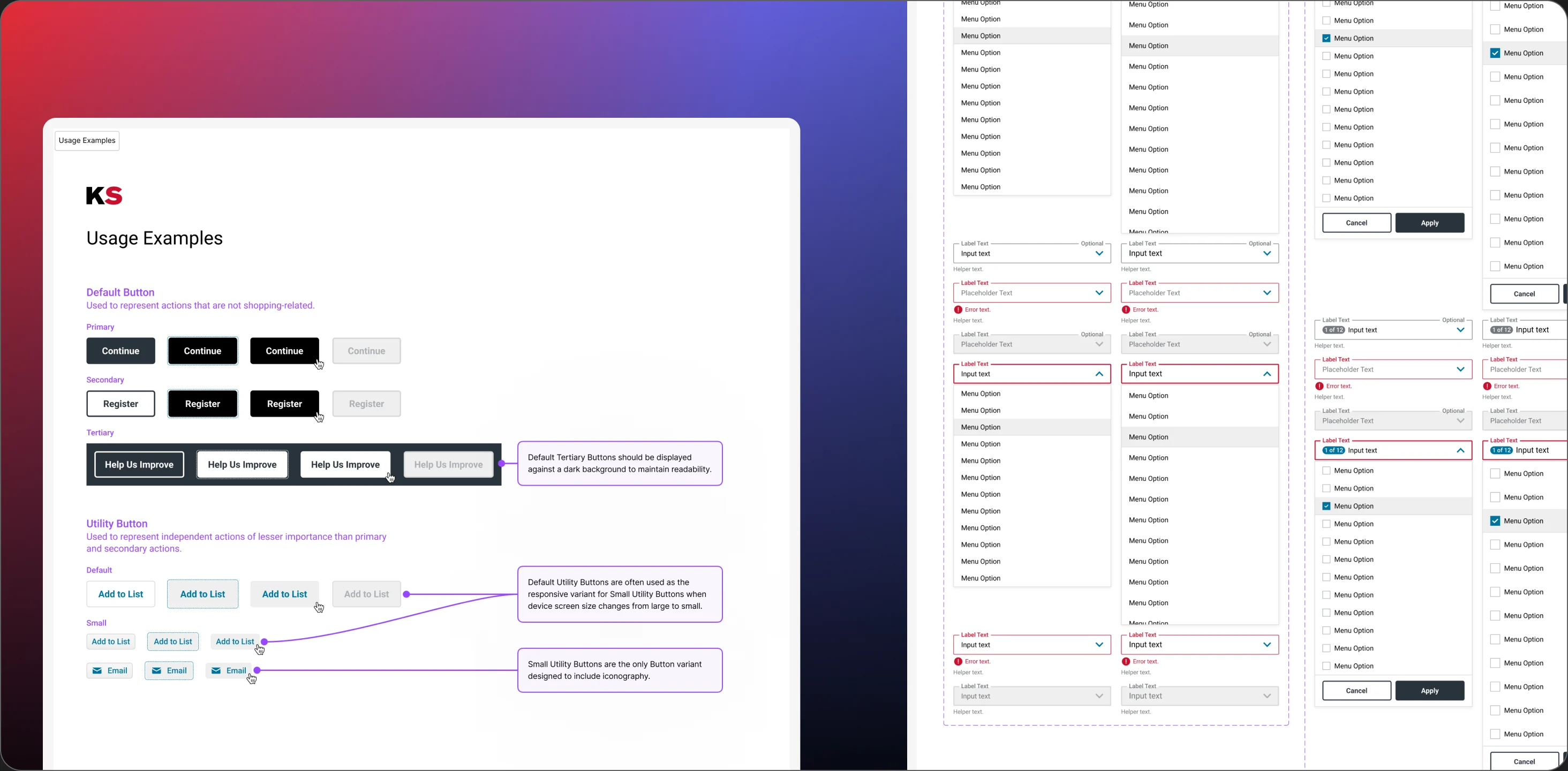 KeepStock usage documentation for buttons beside dropdown and input component variants