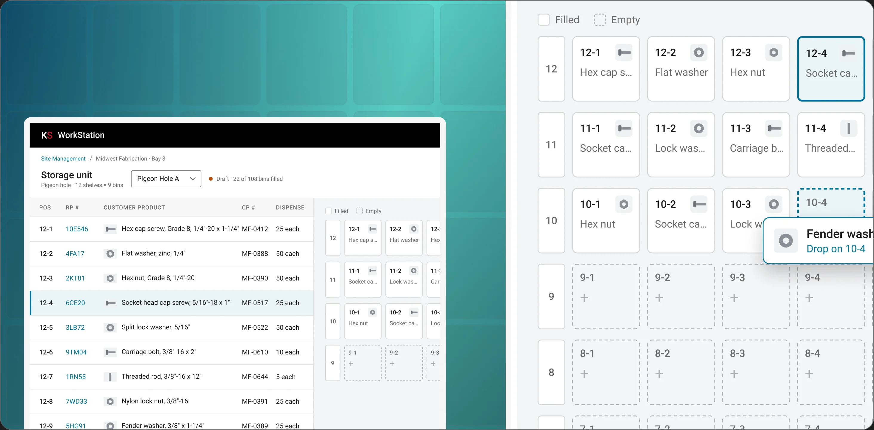 The Storage Unit Builder: a product table beside a visual grid of shelves and bins