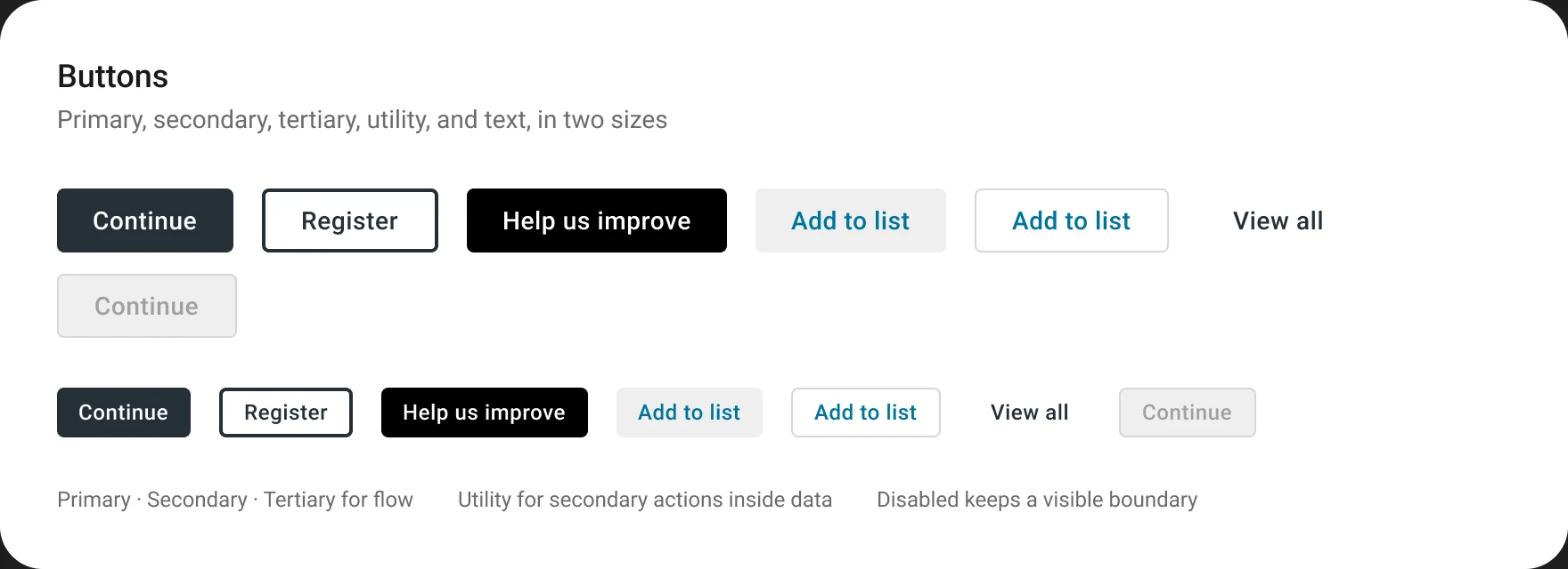 Buttons: primary, secondary, tertiary, utility, and text buttons in two sizes, plus disabled