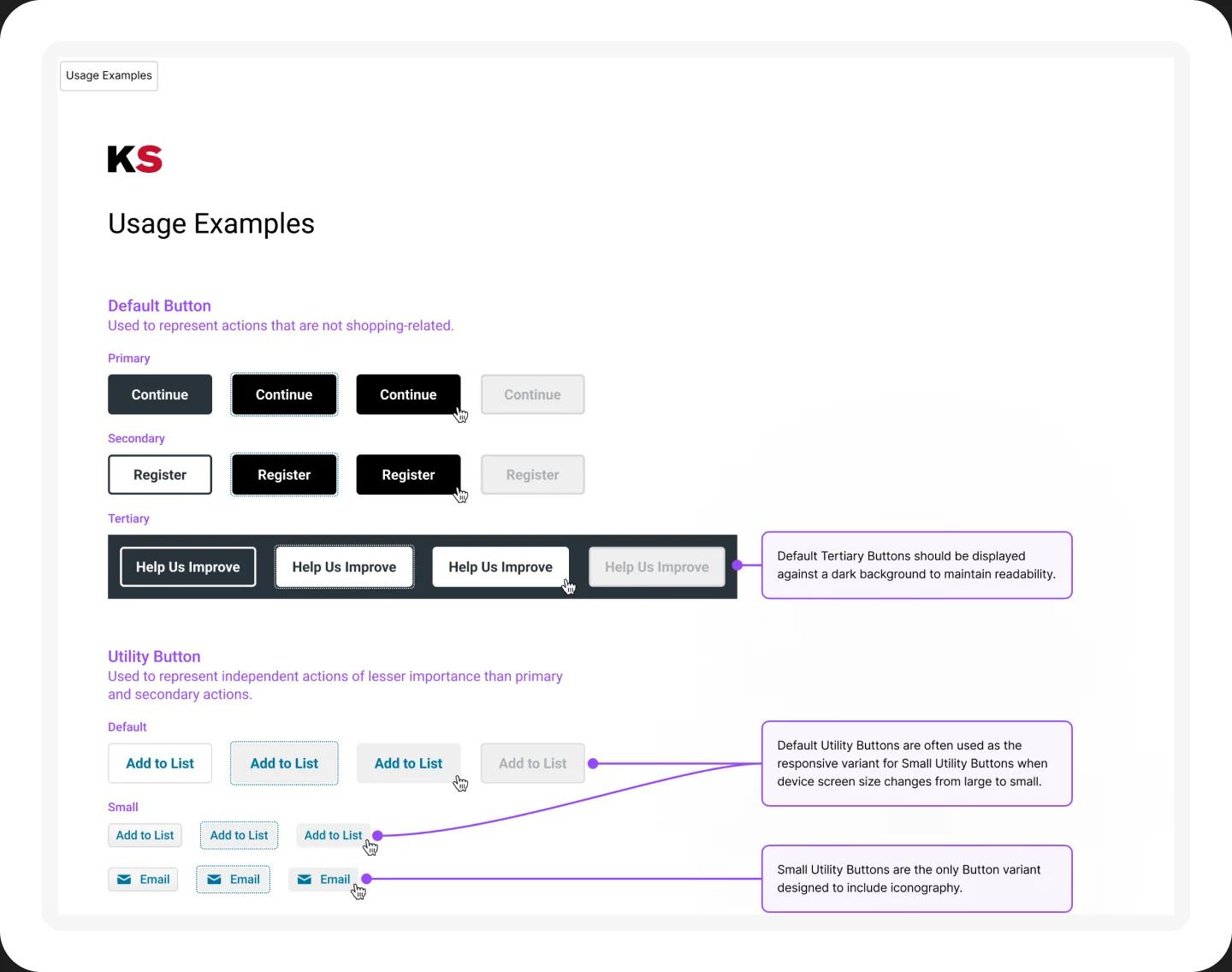 Button usage page with annotated examples of default, tertiary, and utility buttons