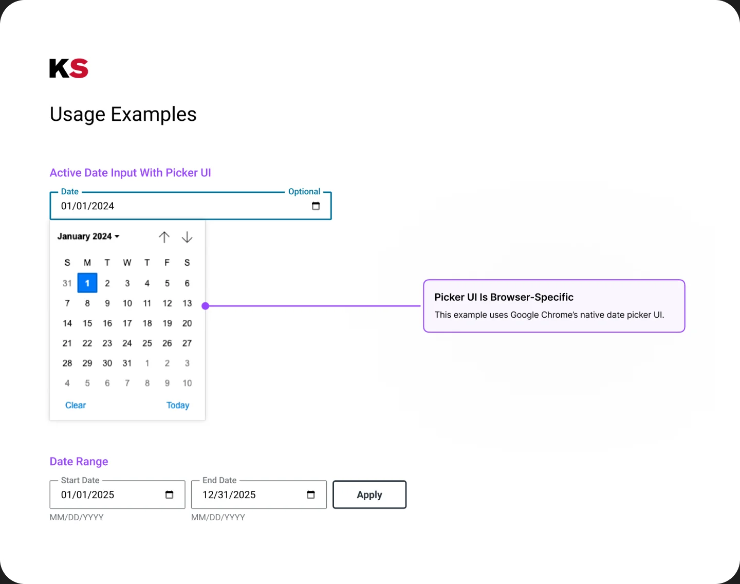 Date input usage page showing the browser's native picker and a date range