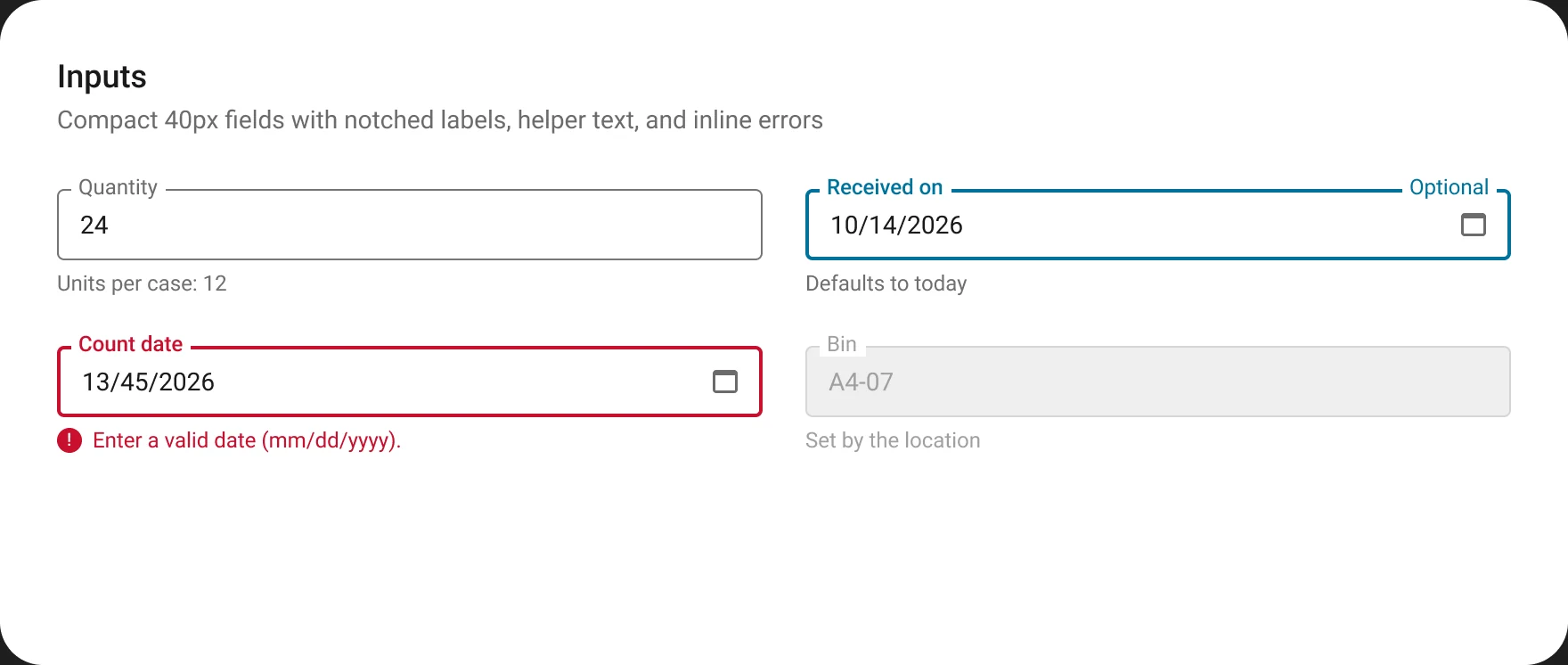 Inputs: compact 40px fields with notched labels, helper text, an inline date error, and a disabled field