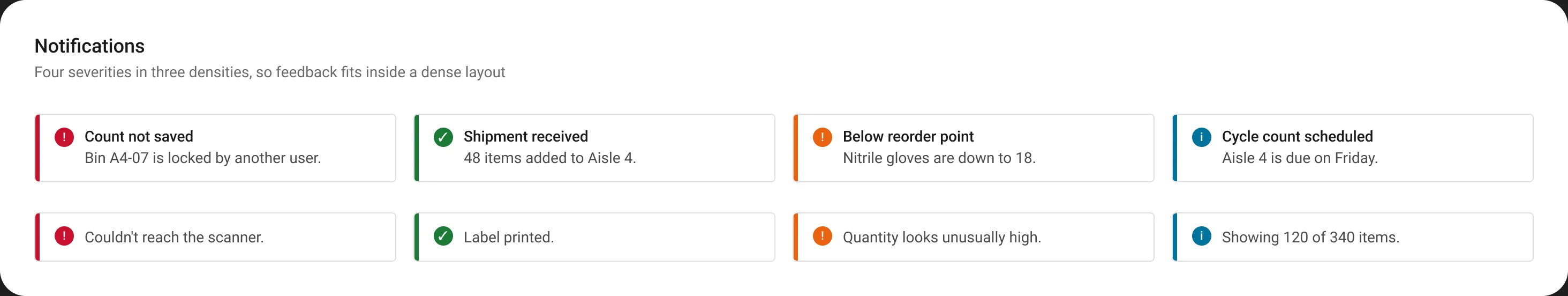 Notifications: error, success, warning, and info messages in standard and compact densities