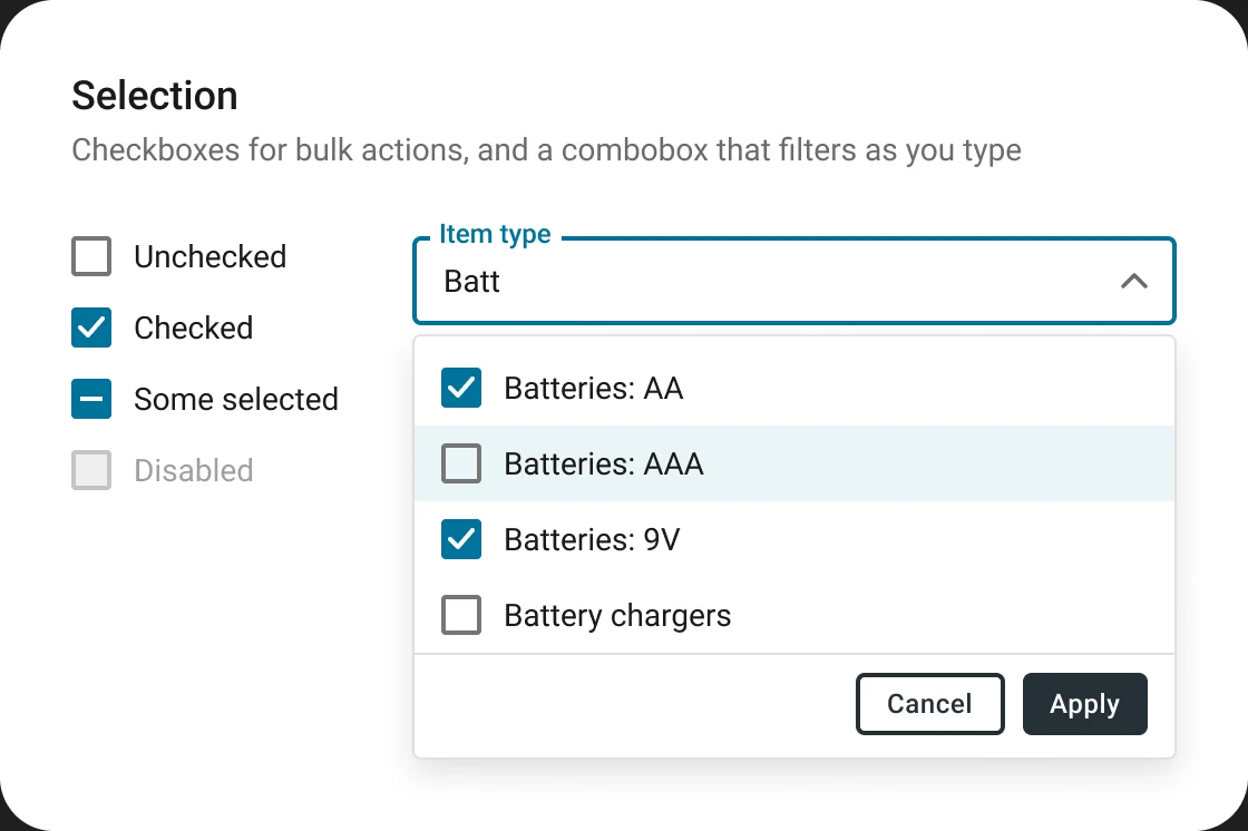 Selection: checkbox states and a combobox that filters battery item types as you type