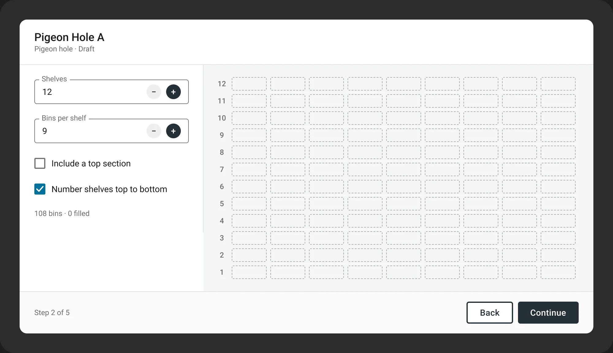 Shelves and bins per shelf steppers beside a live preview of an empty 12 by 9 grid. Step 2 of 5.