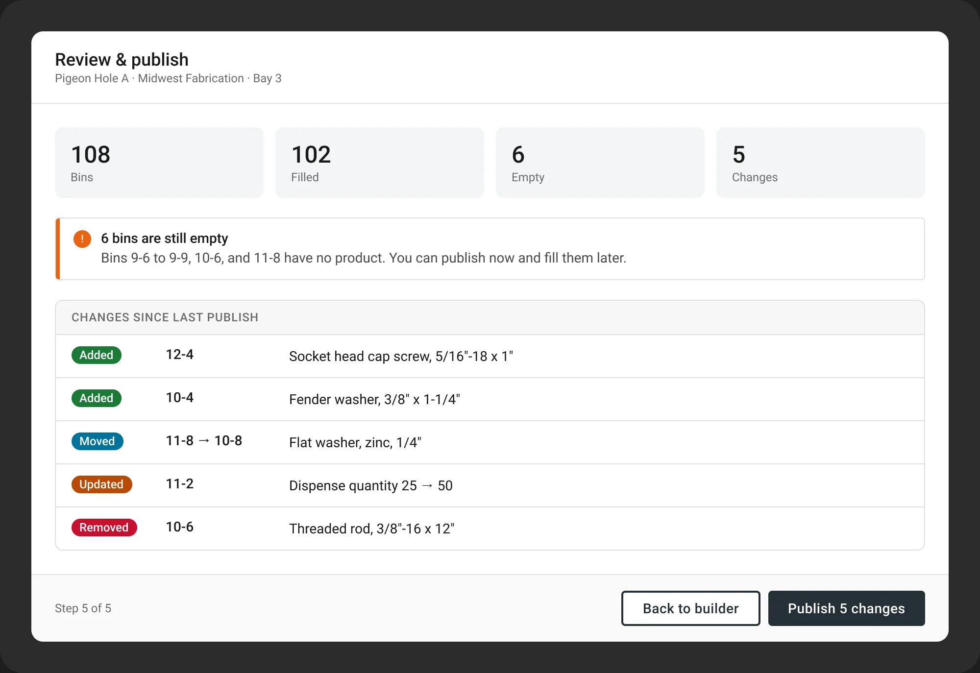 Review and publish: 108 bins, 102 filled, 6 empty, 5 changes, with a list of added, moved, updated, and removed bins. Step 5 of 5.